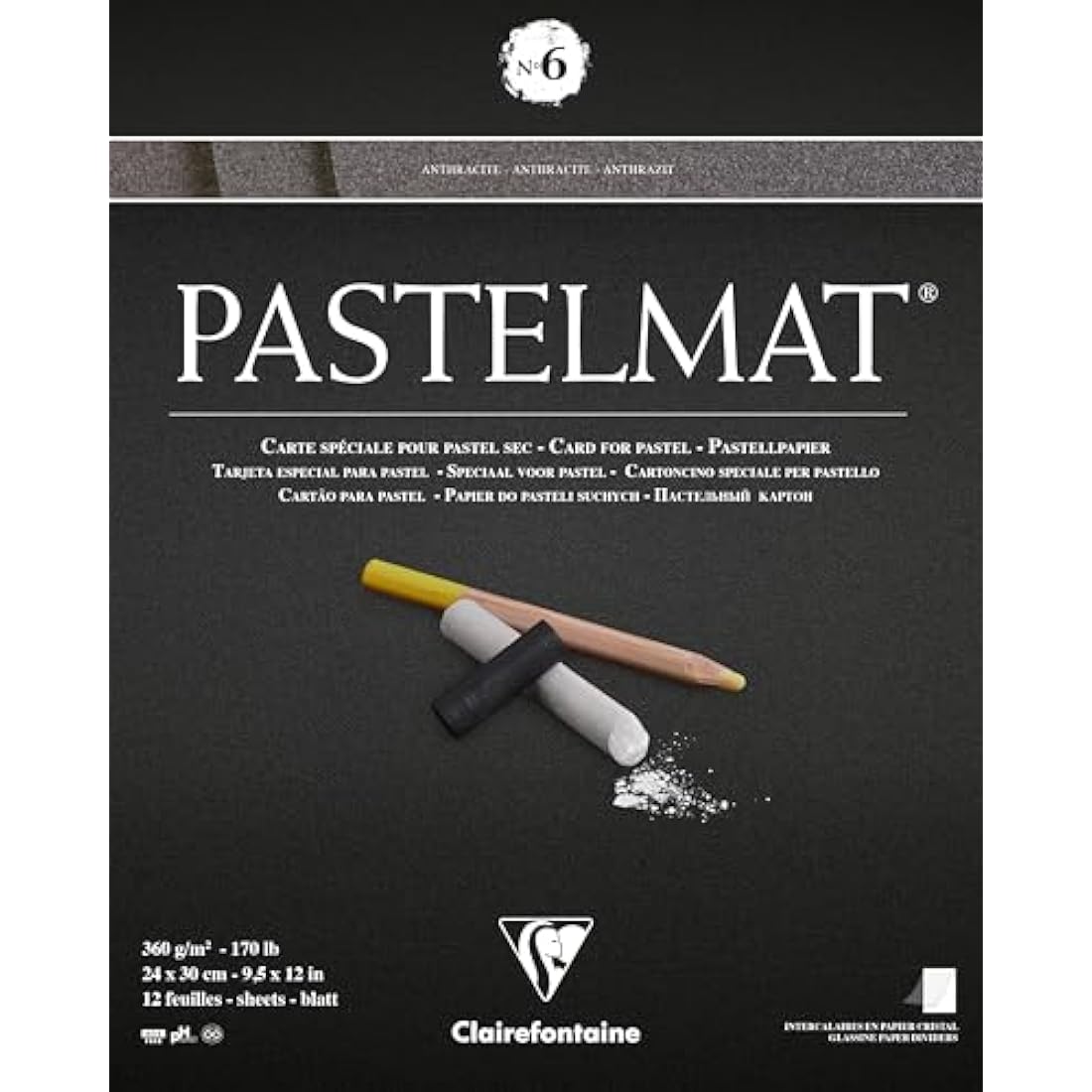 Clairefontaine - Ref 96004C - Pastelmat Pastel Card Pad No.6 (12 Sheets) - 360gsm Card - 24 x 30cm - Anthracite - Specially Formulated For Use With Pastels