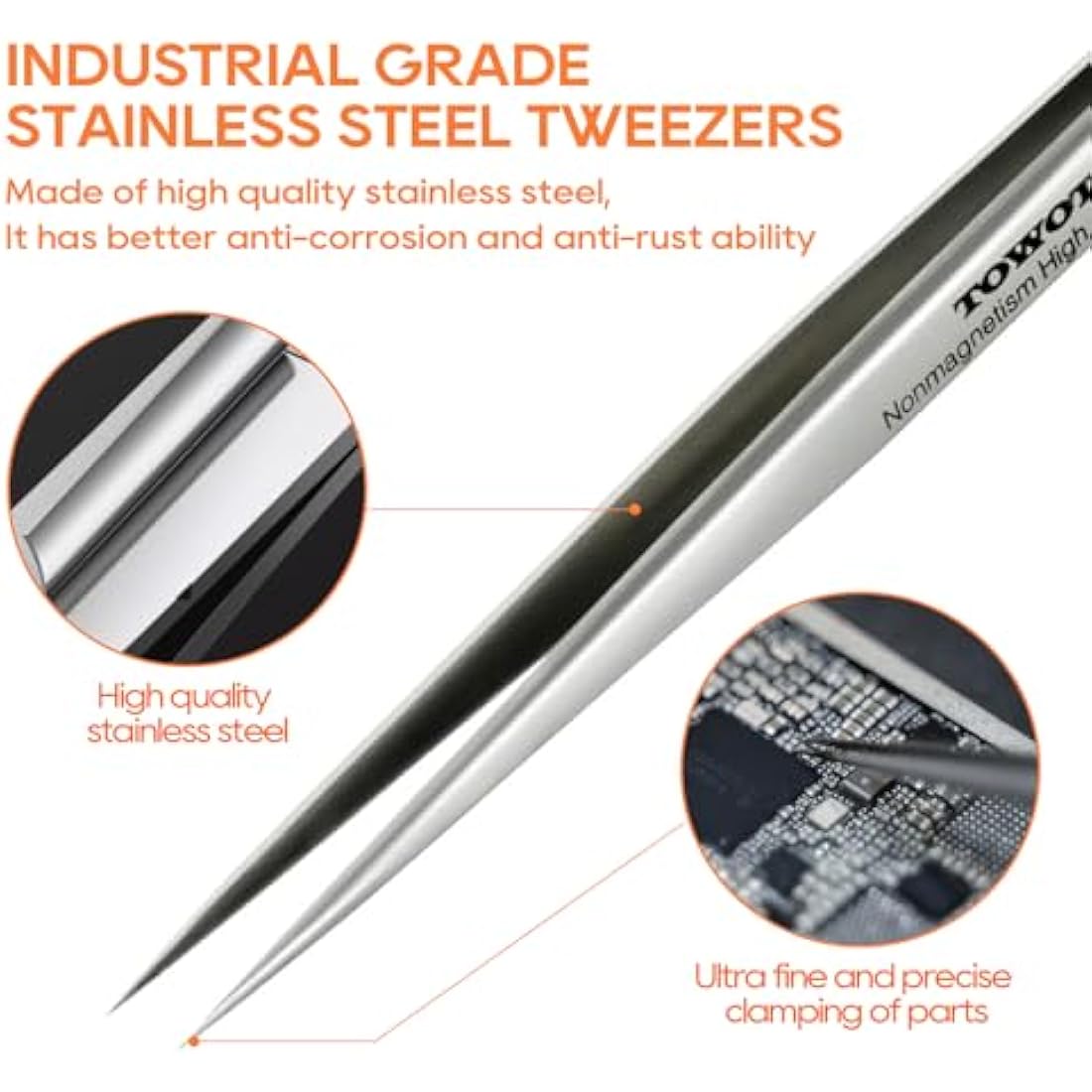 Stainless Steel Heat Resistant Tweezers, 5 PCS - Craft, Electronics, Jewelry-Making, Non-Magnetic by TOWOT
