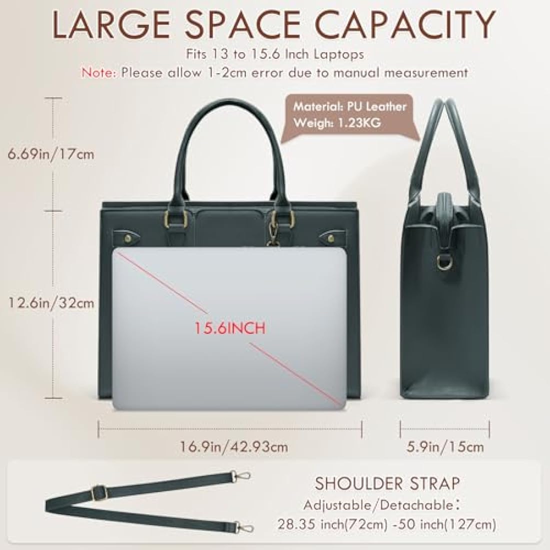 RAINSMORE Laptop Bags for Women PU Leather Work Bags for Women Tote Bag Large Handbag Shoulder Bag for Office Bussiness 15.6 Inch Dark Green