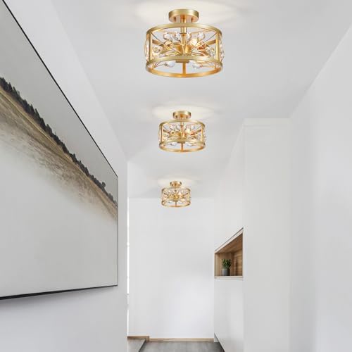 WUZUPS Crystal Leaf Chandelier 3-Light Vintage Farmhouse Industrial Semi-Flush Mount Ceiling Light Modern Lighting Fixture Foyer Hallway Storage Room Kitchen Bathroom, H 22 W 30, Gold
