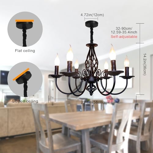 JIINOO Rustic Pendant Chandelier, French Country Vintage 6 Lights Chandeliers Farmhouse Pendant Light Fixture Height Adjustable Candle Wrought Iron Chandelier for Kitchen,Dining Room,Living Room,Foyer