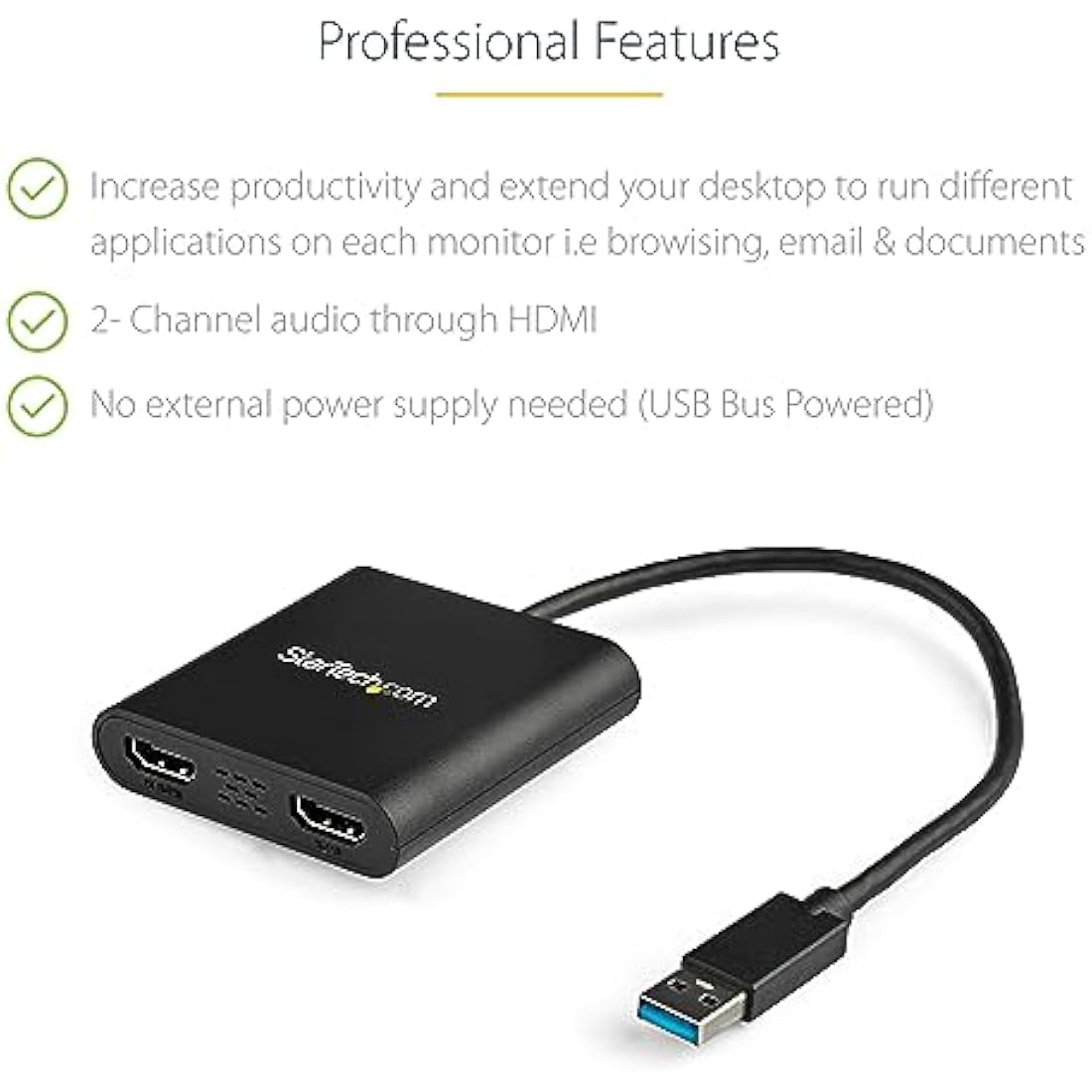 StarTech.com USB 3.0 to Dual HDMI Adapter - 1x 4K 30Hz & 1x 1080p - External Video & Graphics Card - USB Type-A to HDMI Dual Monitor Display Adapter - Supports Windows Only - Black (USB32HD2)