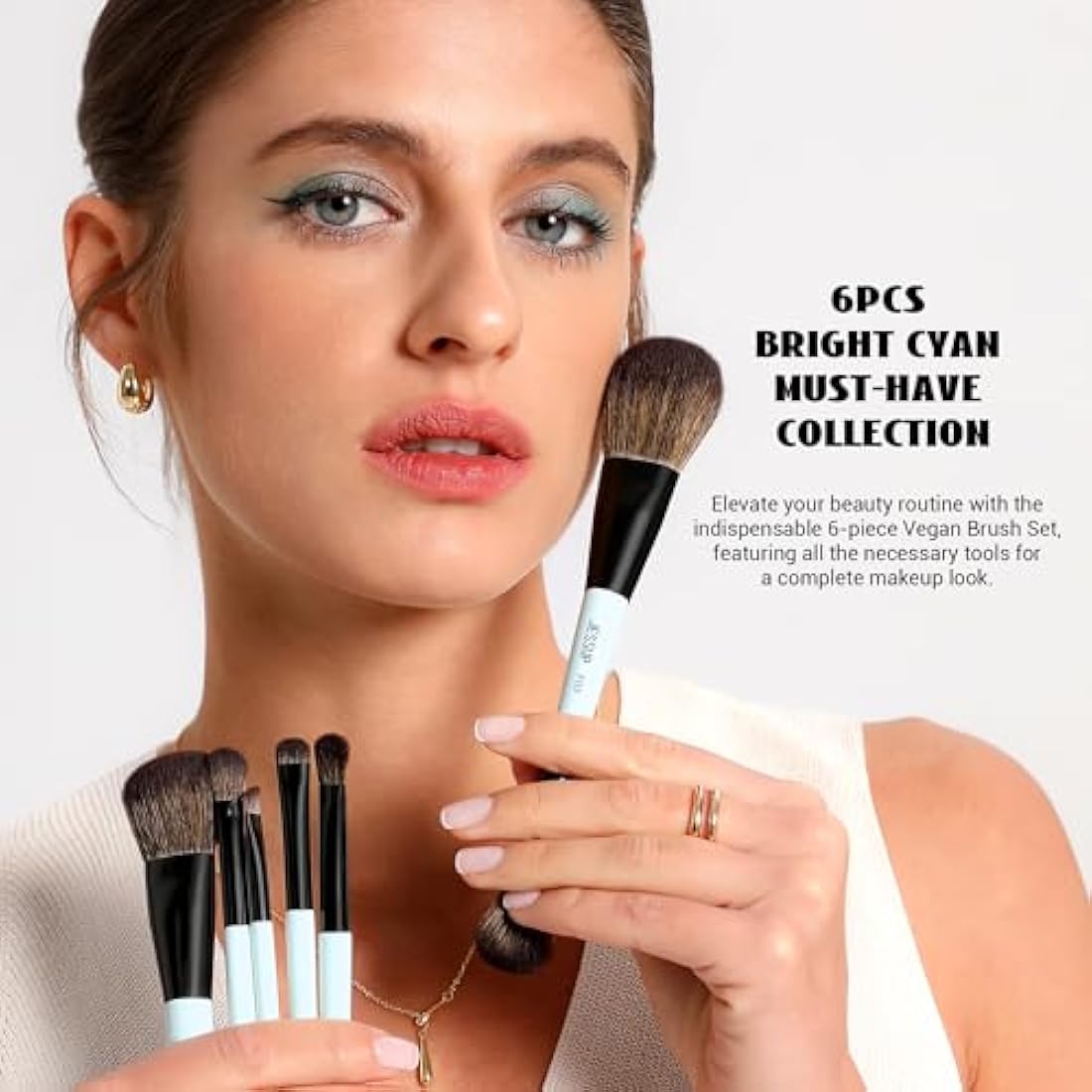 Jessup Makeup Brush Set 6pcs Double Sided Makeup Brushes Foundation Contour Blush Highlight Blending Eyebrow Brush Eyeshadow Brush, Vegan Make up Brushes Bright Cyan T501