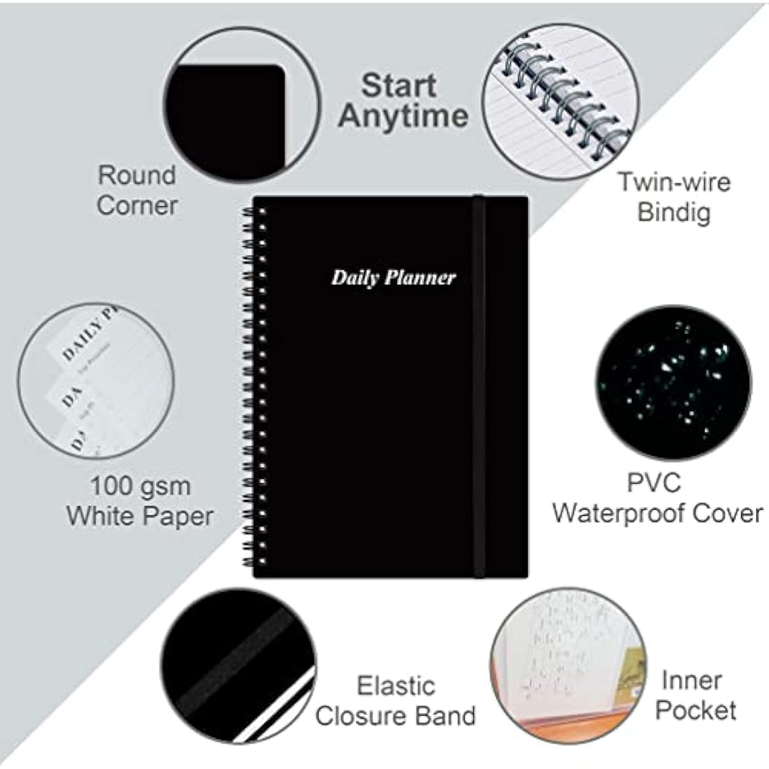 Daily Planner Undated - A5 To Do List Notebook Hourly Schedules, Spiral Appointment Planner for Women and Men, PVC Hardcover, Inner Pocket, Elastic Closure, 5.8" x 8.5", Black