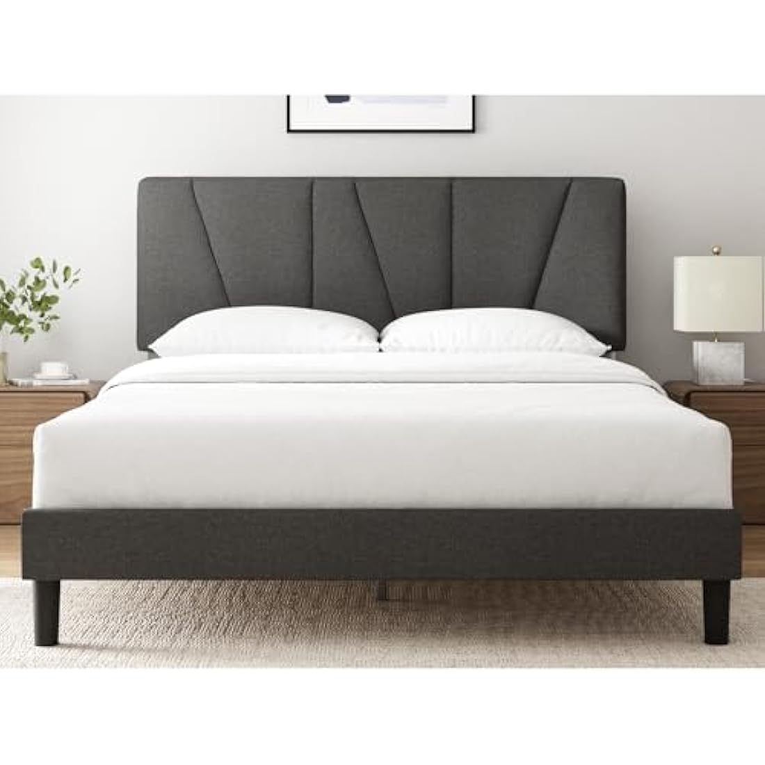 ZINUS Maya King Bed Frame – Bed 150 x 200 cm – 30cm Height – Upholstered platform bed frame with Headboard – Wooden slat support – Dark grey