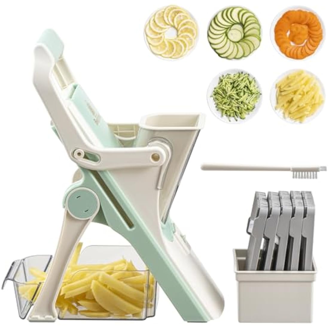 Brieftons Safe Mandoline Vegetable Slicer with 5 Removable Blades to Slice, Julienne, Chip, Chop, Dice Veggies/Fruits, Injury-Free Design, with Catch Container, Cleaning Brush, 5 Recipe Ebooks