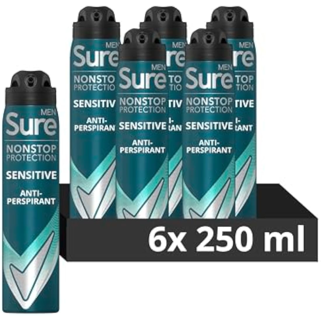 Sure Men Nonstop Protection Sensitive Anti-Perspirant Aerosol Men's Deodorant Spray with Body Heat Activated technology and a clean fragrance for 72 hour odour and sweat protection 6x 250 ml