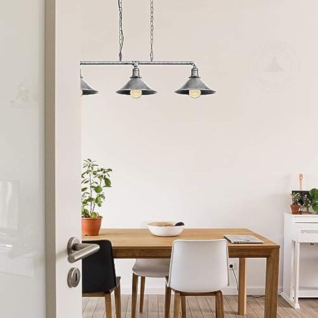 LEDSONE Industrial 3-Light Pendant Ceiling Light Brushed Silver Metal Adjustable Chain E27 Cone Shade Steampunk Hanging Fixture for Kitchen, Dining Room, Bar, Loft, Living Room