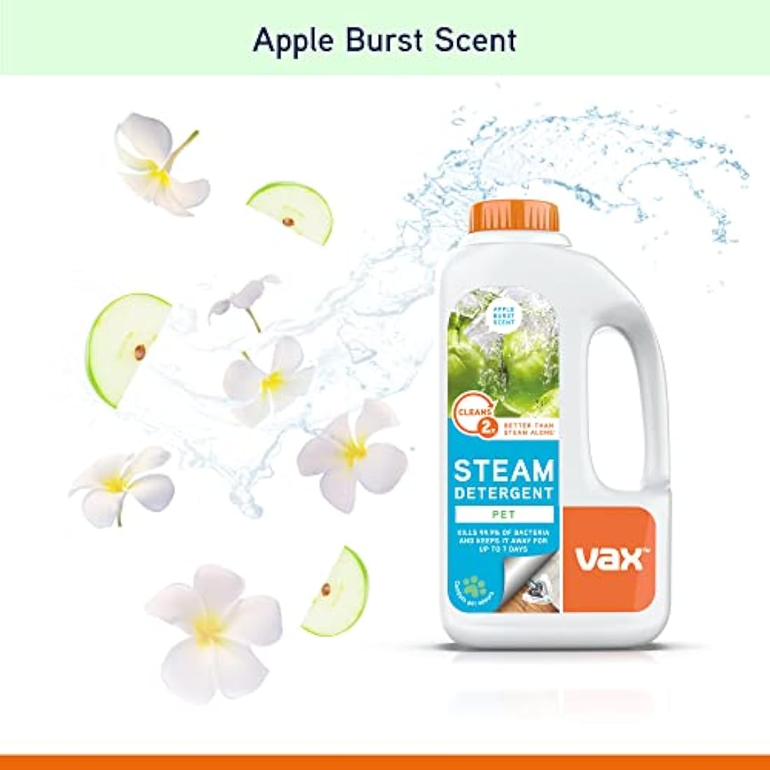 Vax Steam Detergent Pet 1L Steam Cleaner Detergent, Hard Floor Cleaner Solution, Apple Burst Scent, Neutralise Pet Odours, Remove 99.9percent of Bacteria, 1-9-132813, White