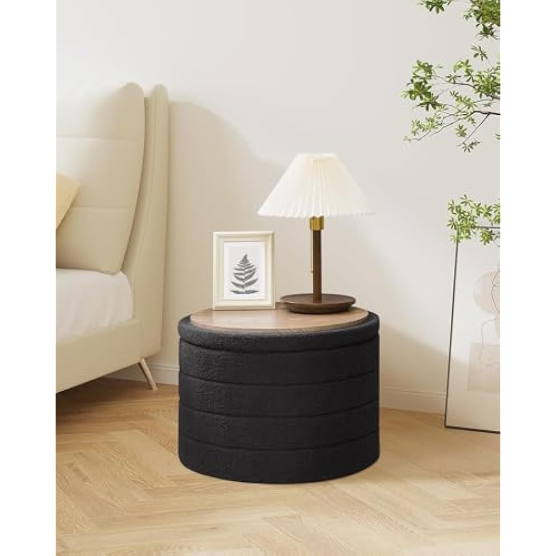 Bonlife Extra Large Folding Round Ottoman with Storage,Boucle Ottoman Stool, Footstool Seat Coffee Table,Toy Box Storage,Footrest Stool for Living Room,Bedroom,Grey,56x56x40cm