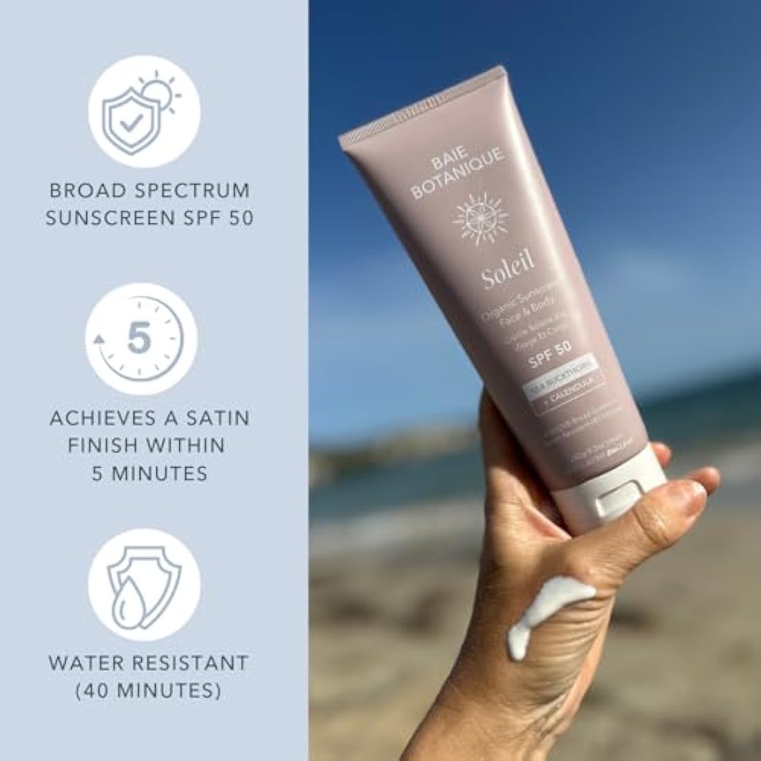 Baie Botanique Soleil - Organic Mineral Non Toxic Sunscreen - Face and Body Sunscreen Tube SPF 50 Sea Buckthorn & Calendula Natural Vegan No White Cast Chemical Filter Free Reef Safe UVA/UVB 240g