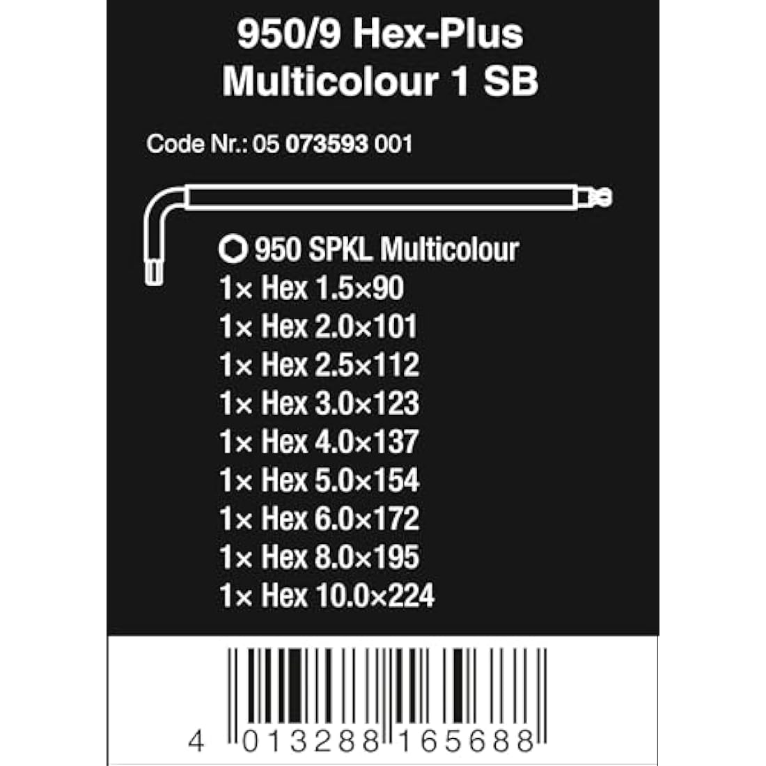Wera 950 SPKL/9 SM N SB Multicolour BlackLaser L-key set, 9pc, Metric, 1.5-10mm, 05073593001