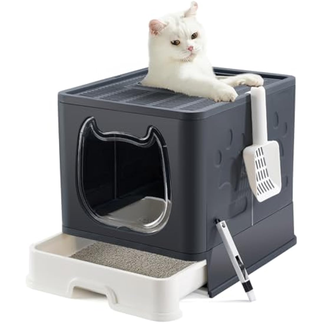 Pawsayes Cat Litter Tray Litter box with Lid for Medium and Small Cats, Foldable Top Entry Kitten Litter Box with Drawer Pan and Scoop