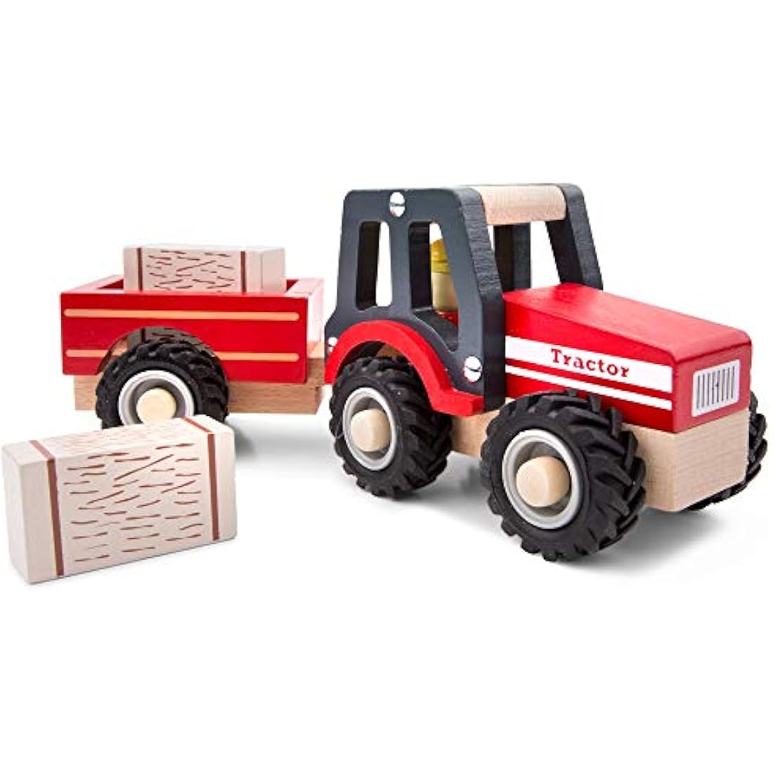 New Classic Toys Wooden Tractor with Hay Stacks for Toddlers 18+ Months Educational Toys for Preschool Age Toddlers Boys Girls, Red