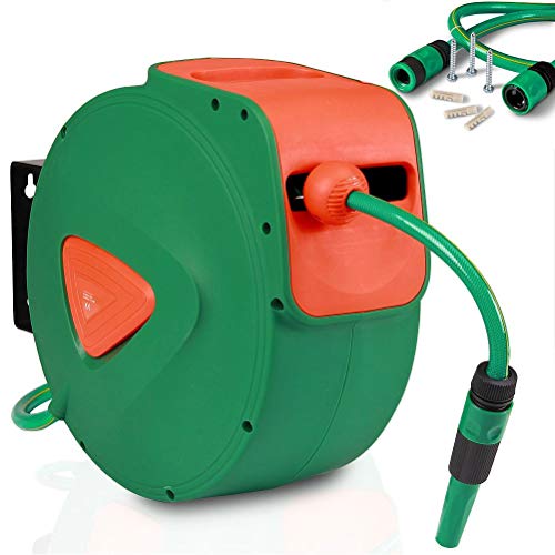 BAKAJI Garden Hose Reel Water Hose with Automatic Lock Wall Mount PVC Hose Wall Bracket Swivel 180? (20 Meters)