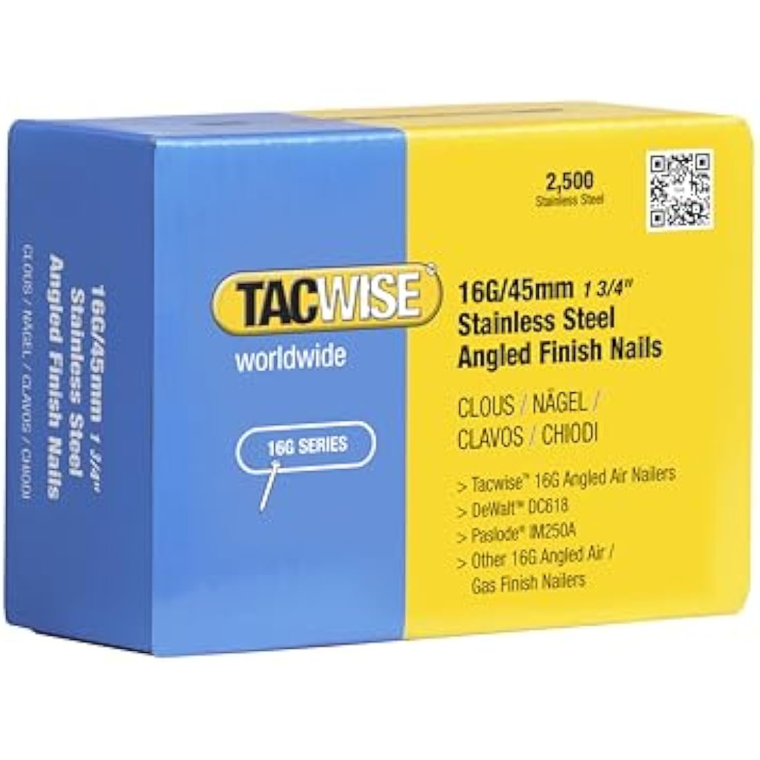 Tacwise 1224 16G/45mm Stainless Steel Angled Finish Nails for Nail Gun (Box of 2500), silver