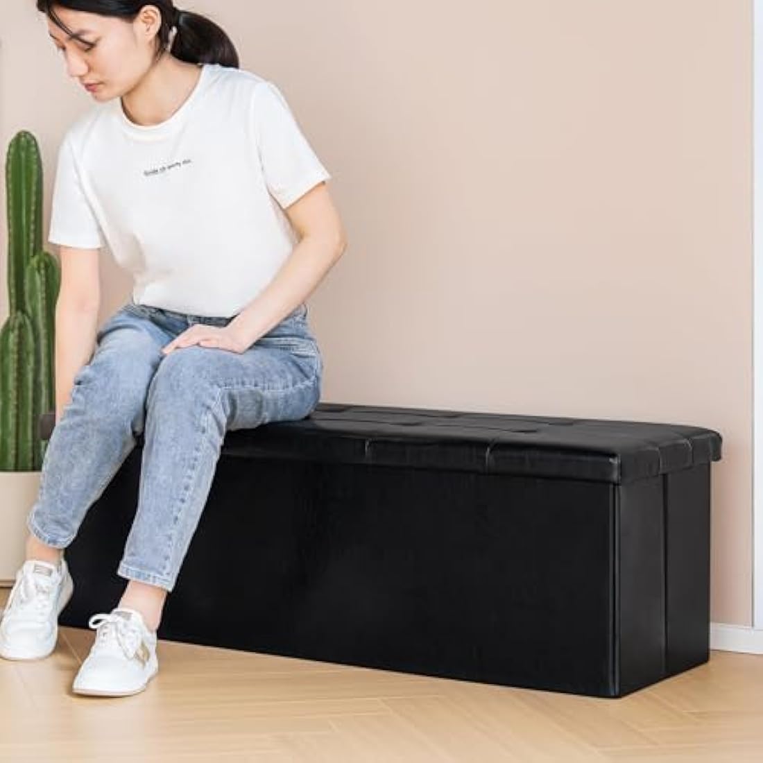 Bonlife End of Bed Storage Bench,Folding Black Ottoman Seat,Toy Chest Box Bedside Table Faux Leather Footstool for Living Room,110x38x38cm