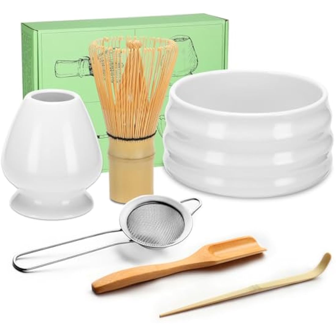 Geebuzz Matcha Whisk Set - Matcha Bowl and Bamboo Matcha Whisk, Scoop, Spoon, Sifter, Whisk Holder, 6pcs Perfect Matcha Starter Kit for Matcha Tea Ceremony (White)