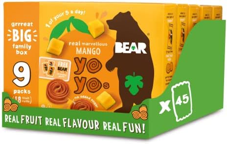 BEAR Mango Pure Fruit Yoyos 45 x 20g (9 Packs Per Box, 5 Boxes)