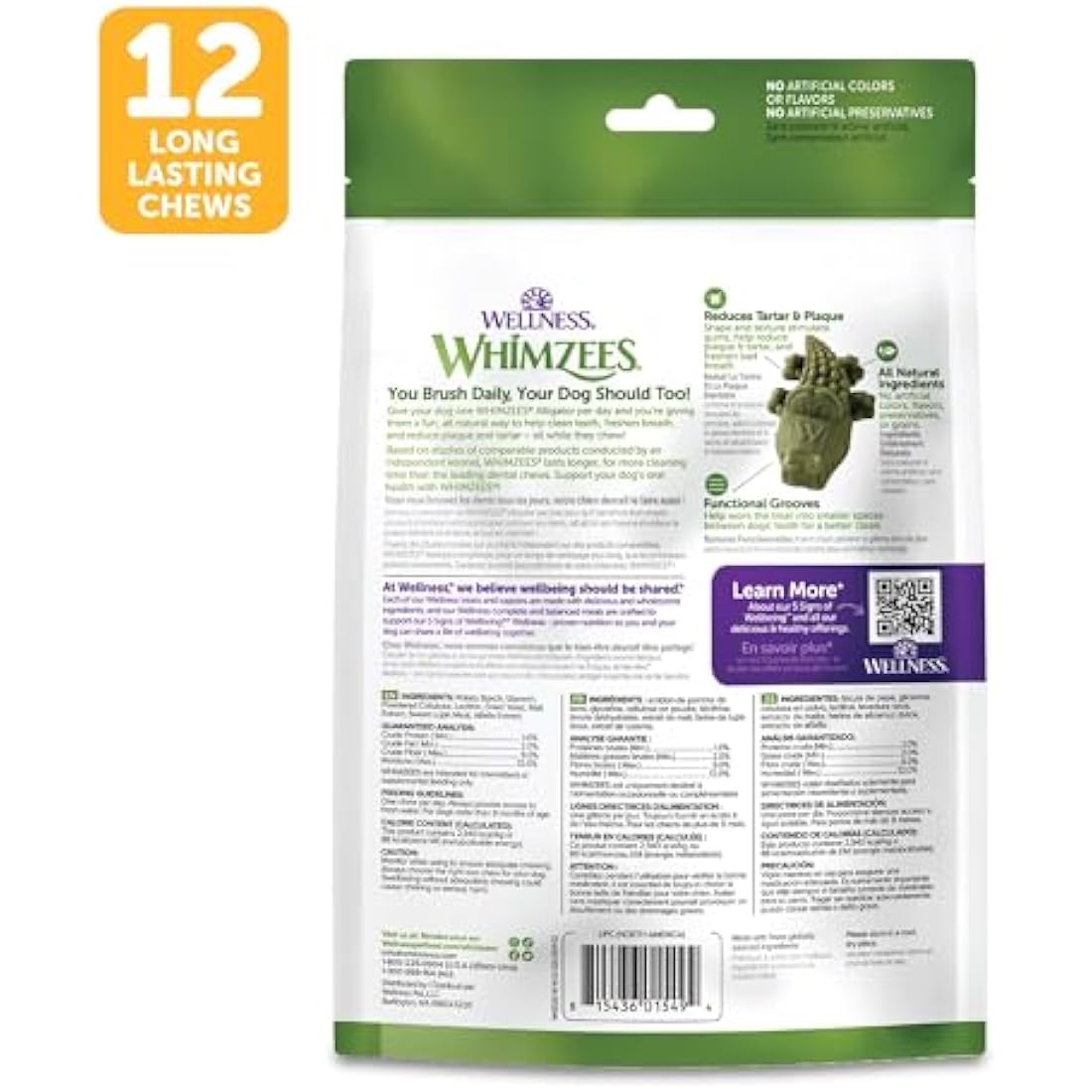 WHIMZEES by Wellness Alligator Natural Dental Chews for Dogs, Long Lasting Treats, Grain-Free, Freshens Breath, Medium Breed, 12 Count