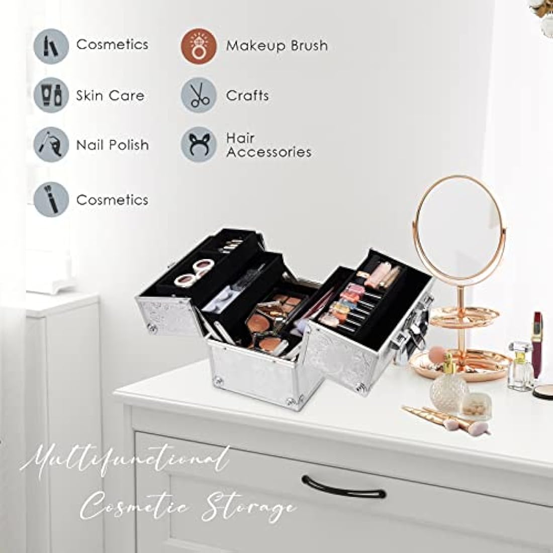 Professional Beauty Vanity Case Cosmetic Makeup Box Nail Polish Storage Beauty Train Case Lockable with Keys(Silver Rose)