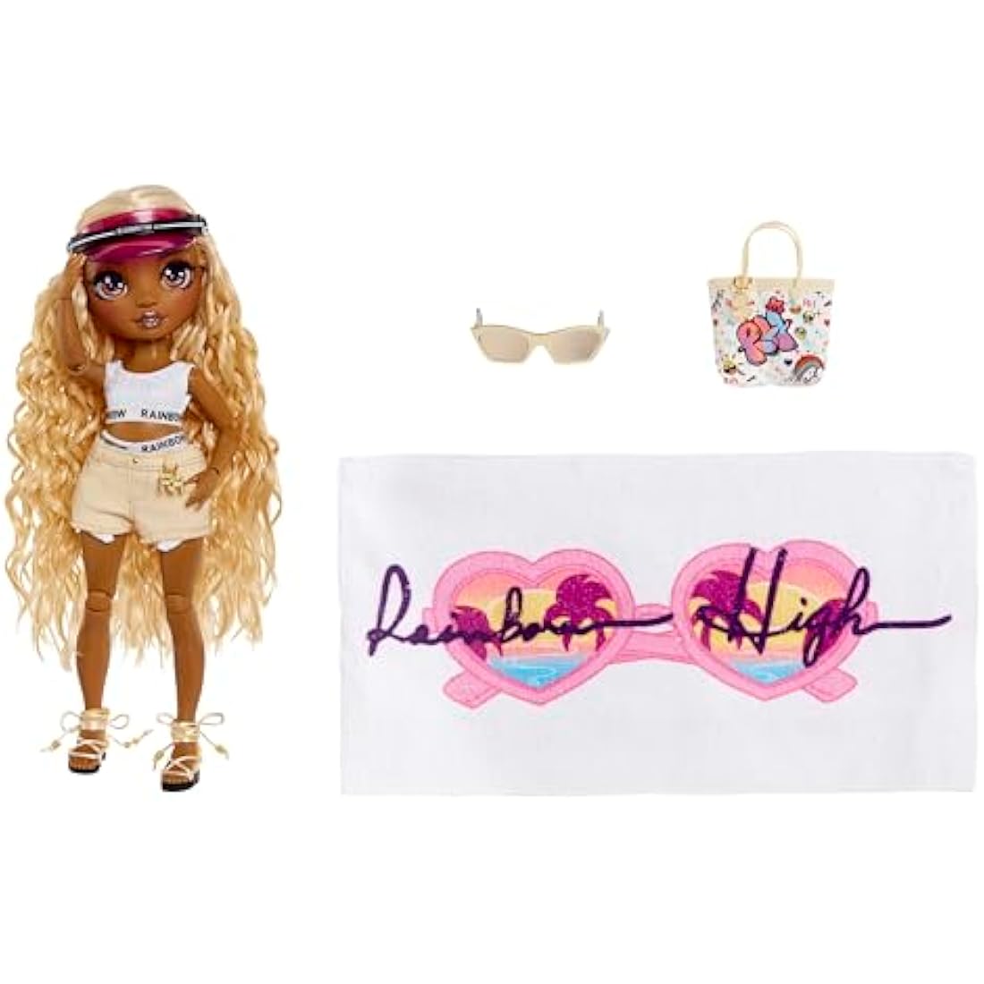Rainbow High 578376EUC Pacific Coast-Harper Dune-Sand Fashion Doll with Outfit, Interchangeable Legs, & Display Stand-Includes Towel, Tote Bag, & More-Gift & Collectable for Kids Ages 6+ 578376