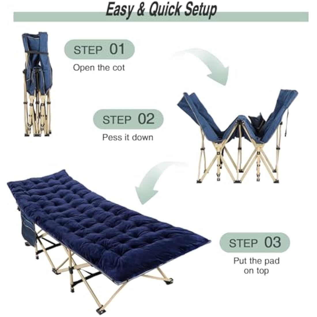 REDCAMP Folding Camping Beds for adults, Heavy Duty Sturdy Camp Bed with Mattress, Stronge Thicker Tubes Sleeping Cot Outdoor Travel Office (Navy Blue Camping Bed+Blue Mattress Thicker)