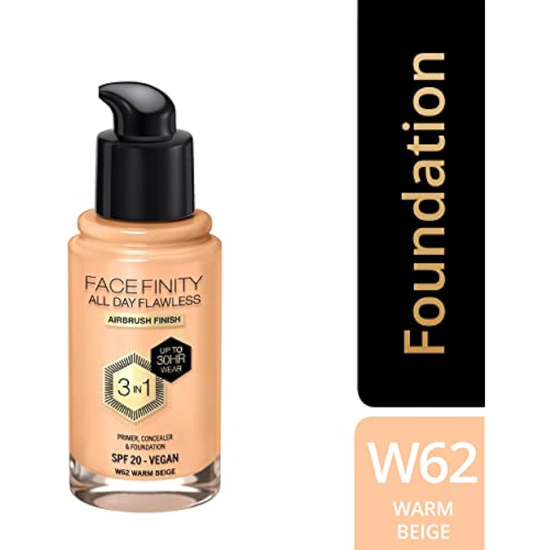 Max Factor Facefinity 3-in-1 All Day Flawless Liquid Foundation, SPF 20 - 62 Warm Beige, 30 ml