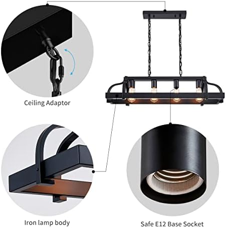WUZUPS 4-Light Metal Pot Hanging Rack Chandelier Linear Pendant Ceiling Lighting Rustic Farmhouse Fixture Kitchen Island Dining Room, H25 x L88 x W30, E27 Base, Black