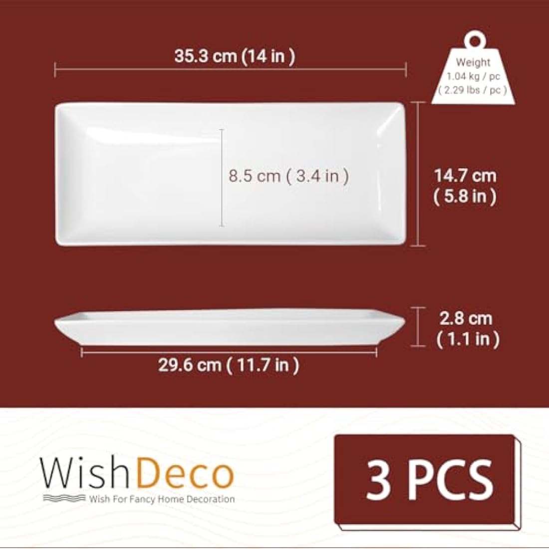 WishDeco Ceramic Serving Platters Set of 3, White Rectangular Plates L35 cm x W15 cm, Large Serving Trays 14 inch, Porcelain Serving Dishes, Party Platters for Dessert, Buffet, Snack, Steak, Fruit