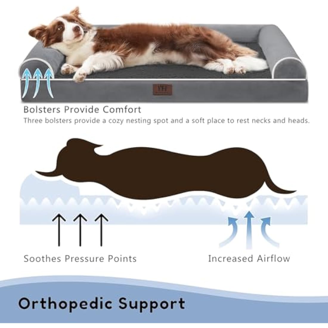 WESTERN HOME Dog Beds Large Washable,Soft Orthopedic Dog Beds with Removable Washable Cover with U-Shape Bolster Dark Grey,91 x 68 x 16.5 cm