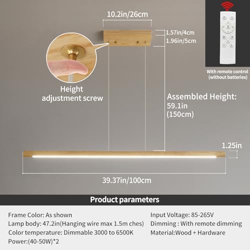 Mikeru 100cm Ash Wood Round Pendant Light, Dining Table Lights 3000K/4500K/6500K Wood Linear Pendant Light LED Dimmable 10% to 100% Modern Island Lighting for Office, Kitchen