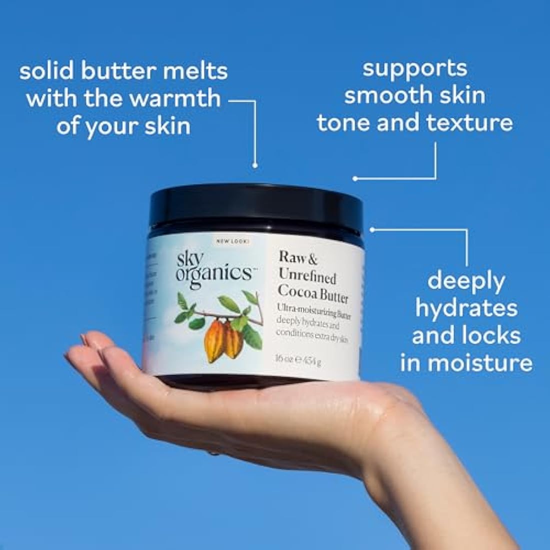 Sky Organics Cocoa Butter for Body, 100% Raw & Unrefined Ultra-Moisturizing Butter to Deeply Hydrate & Condition Skin, Promotes Smooth Skin Tone & Texture, Suitable for Tight or Extra Dry Skin, 454g
