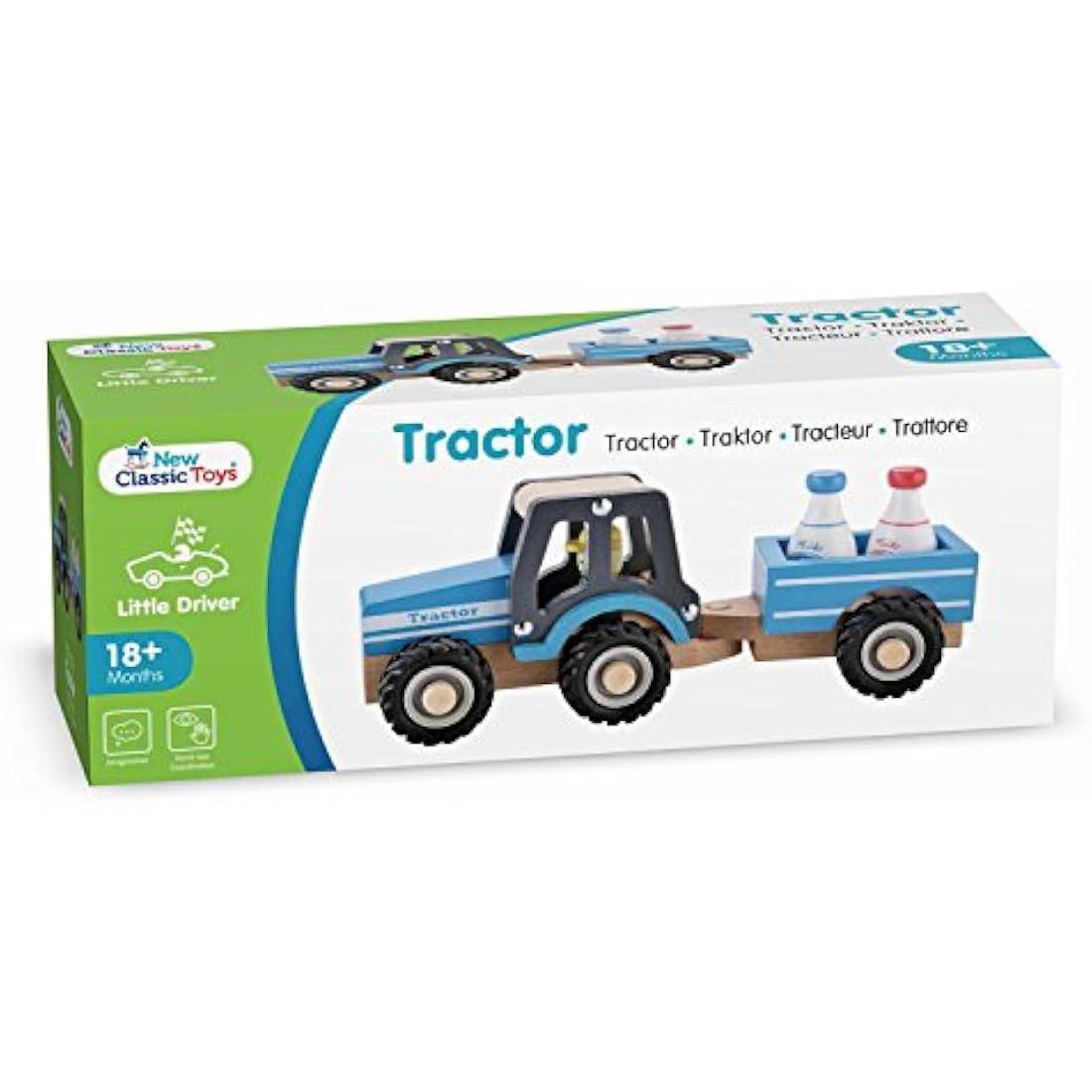 New Classic Toys 11942 Wooden Tractor with Trailer and Milk Bottles for Children 18 Months and Up Boys and Girls Baby Gifts, Blue
