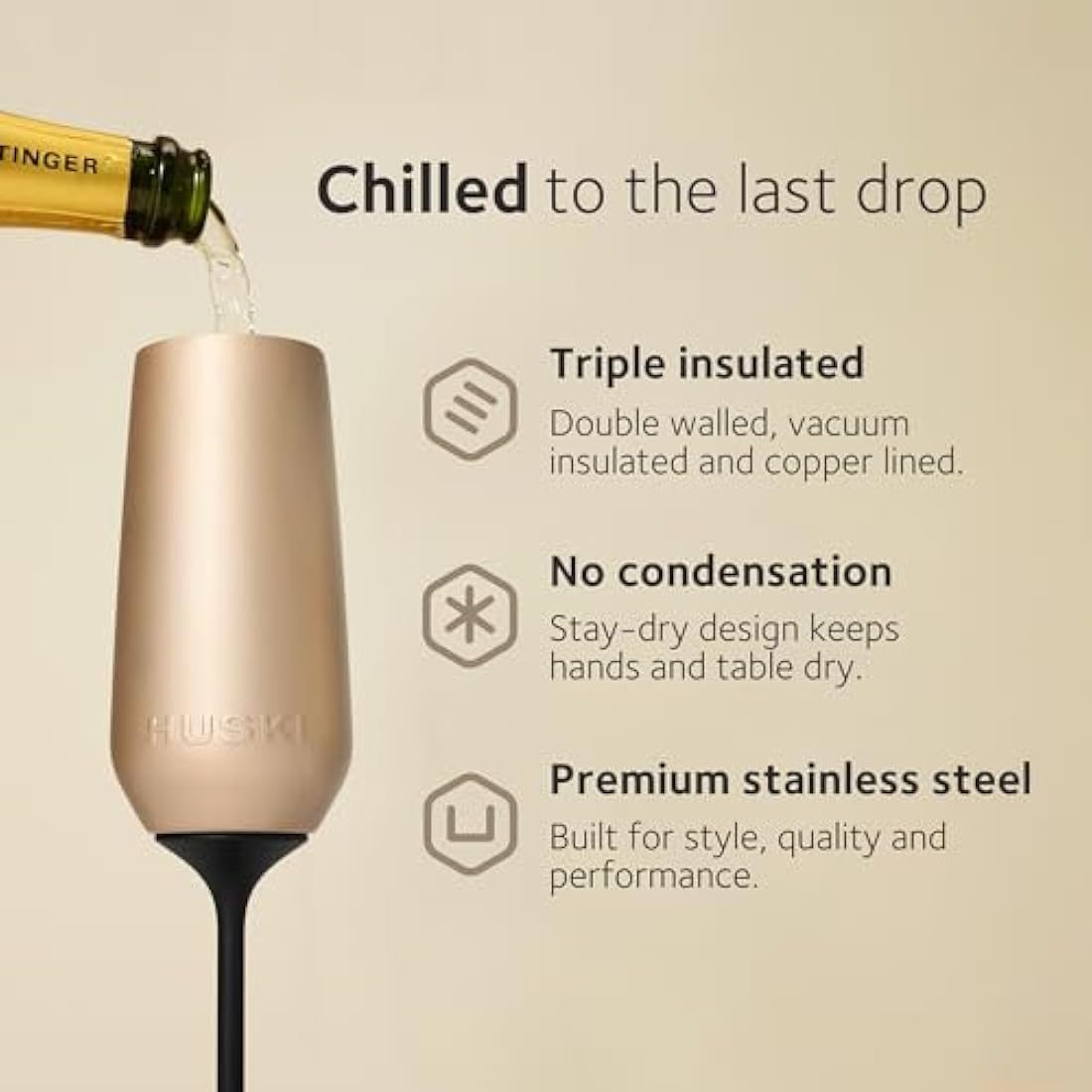 Huski Champagne Flute | New | Award-Winning Design with Detachable Stem | Premium Stainless Steel Champagne Glass with Lid | Triple Insulated Tumbler | 240ml Capacity | Great Gift (Black)