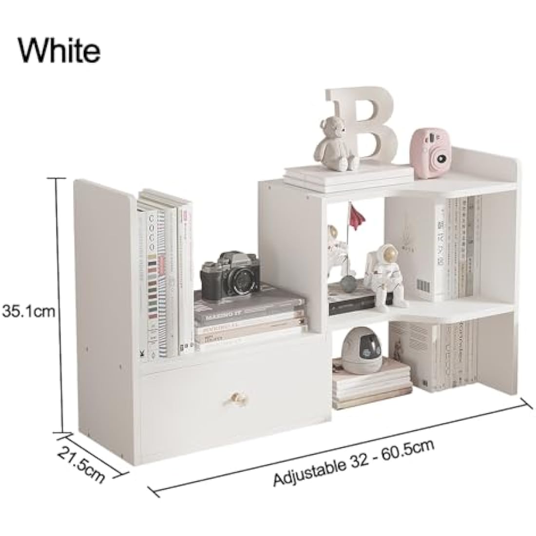 NUODWELL Expandable Desktop Bookshelf, Freestanding Adjustable Office Storage Rack Desk Tidy Organiser Countertop Bookcase for Office & Home (White)
