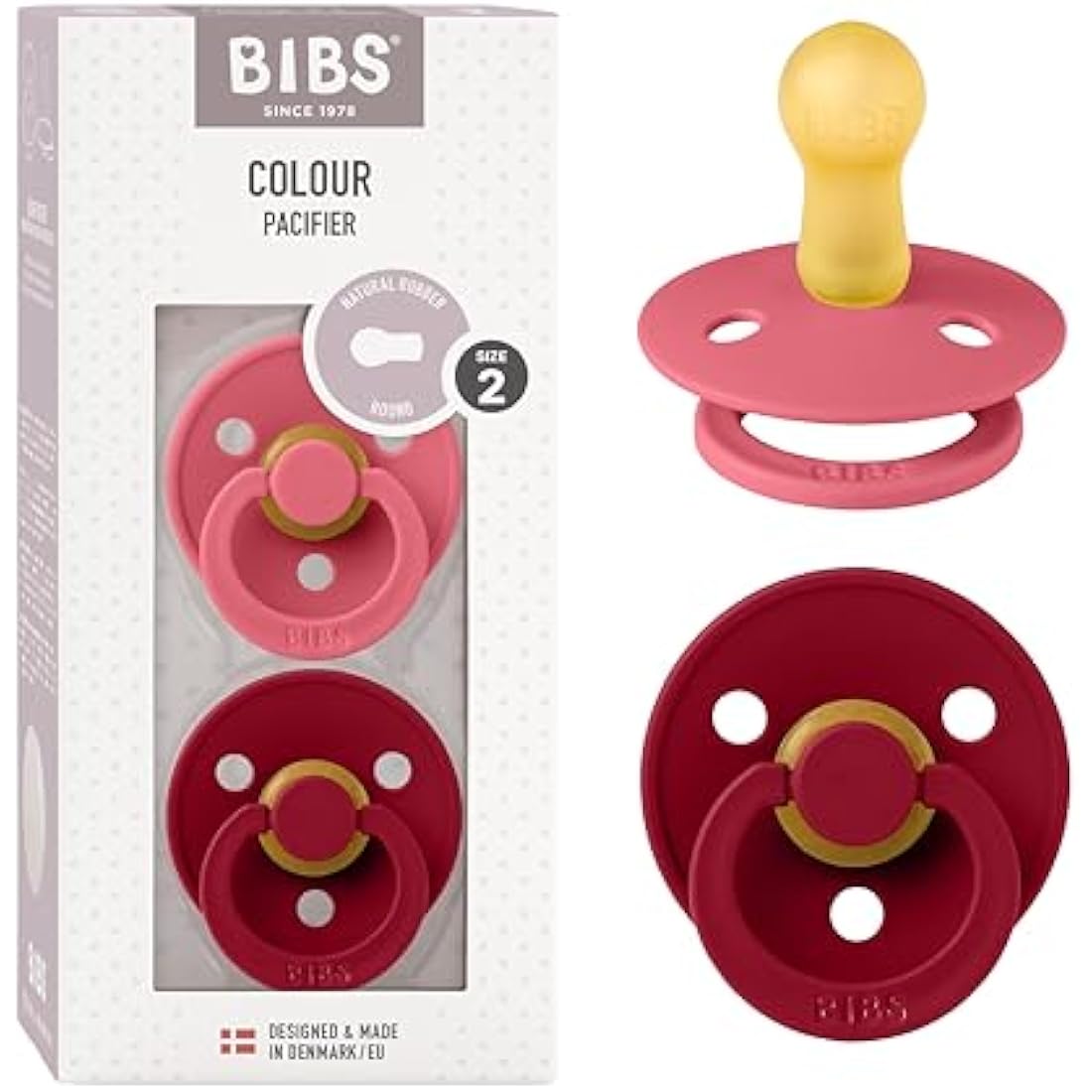 BIBS Colour Soother 2-Pack, BPA Free Dummy Pacifier, Round Nipple. Natural Rubber Latex, Size 2 (6-18 Months), Coral/Ruby