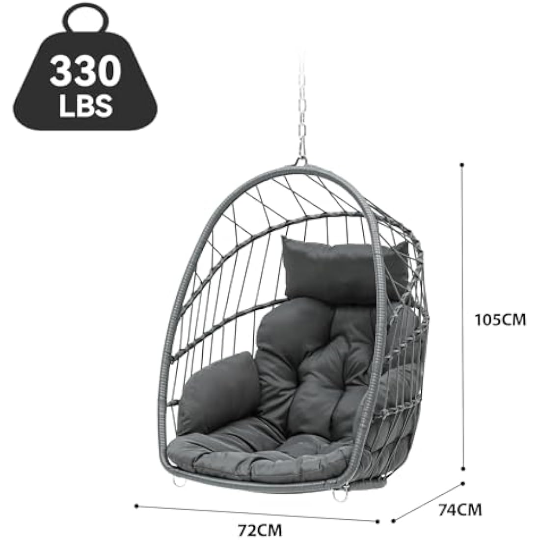 YITAHOME Rattan Egg Chair Max. load 150 kg Garden Egg Chair with 2 Cushions, 105 x 74 x 72 cm Iron Sturdy Steel Frame, Hanging Egg Chair with a Chain & S Hook for Patio, Garden, Living Room, Grey