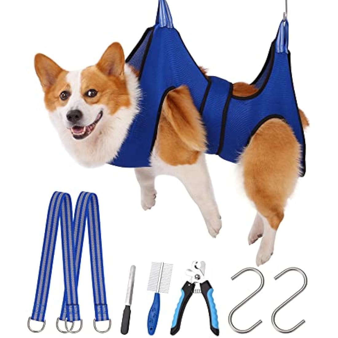 Kkiimatt Dog Grooming Hammock Harness with Nail Clippers, Blue, Large