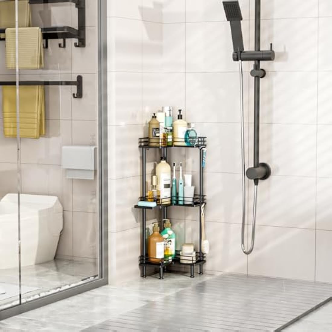 HapiRm Freestanding Shower Caddy Corner - 3 Tier Shower Storage with Soap Holder, Stainless Steel Corner Bathroom Storage with 4 Hooks for Shampoo, Tall Floor Bathroom Caddy Freestanding