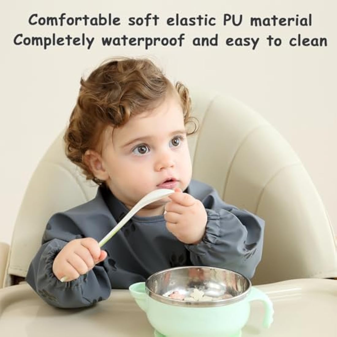 PewinGo Weaning Bib with Long Sleeves & BLW, Soft and Skin-Friendly Material, Coverall Bibs for Baby Feeding, Waterproof and Easy to Clean & Machine Washable, for Baby Infant Toddlers (Dark Grey)