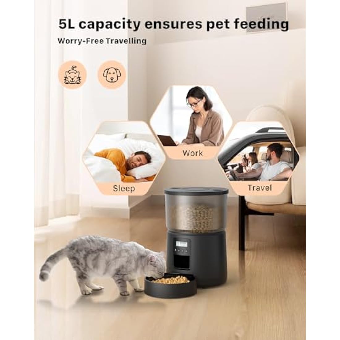BEMOONY 5L Automatic Feeder, Food Dispenser with 1-6 Meals, Customized Feeding Schedule for Cats & Dogs, Dual Power Supply, Double Lock, 10s Voice Recording, Including Desiccant Bag