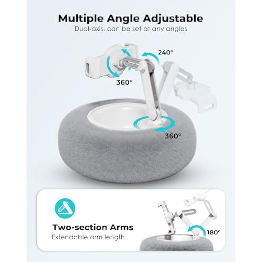 Viozon Tablet Stand with Pillow, Kindle Holder, Compatible with 4.7"-13" Phone/Tablet, iPad, iPhone, Google, Kindle, 360°Adjustable Phone Holder for Bed with Soft Plush Fabric, Detachable Bowl, Grey