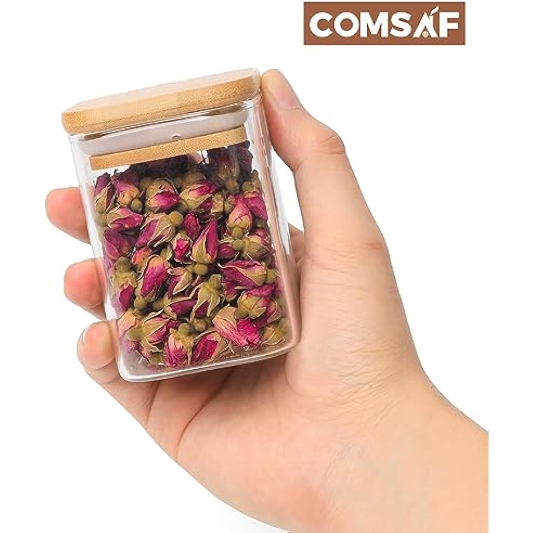 ComSaf 16 Pcs Glass Spice Jars with Bamboo Lids, 6oz/180ml Square Glass Storage Jars with 275 Black Lables, Airtight Spice Jars with Lids, Glass Container for Spice, Salt, Sugar, Seeds, Nuts etc