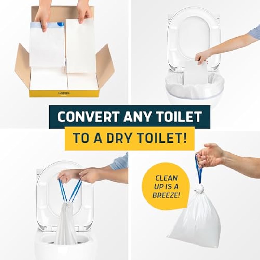 Lunderg Toilet Liners with Lemon Scented Super Absorbent Pads - Value Pack 50 Count Universal Fit - Disposable Toilet Bags - Convert any Home, Boat or Camping WC into a Dry Flush - Emergency must have