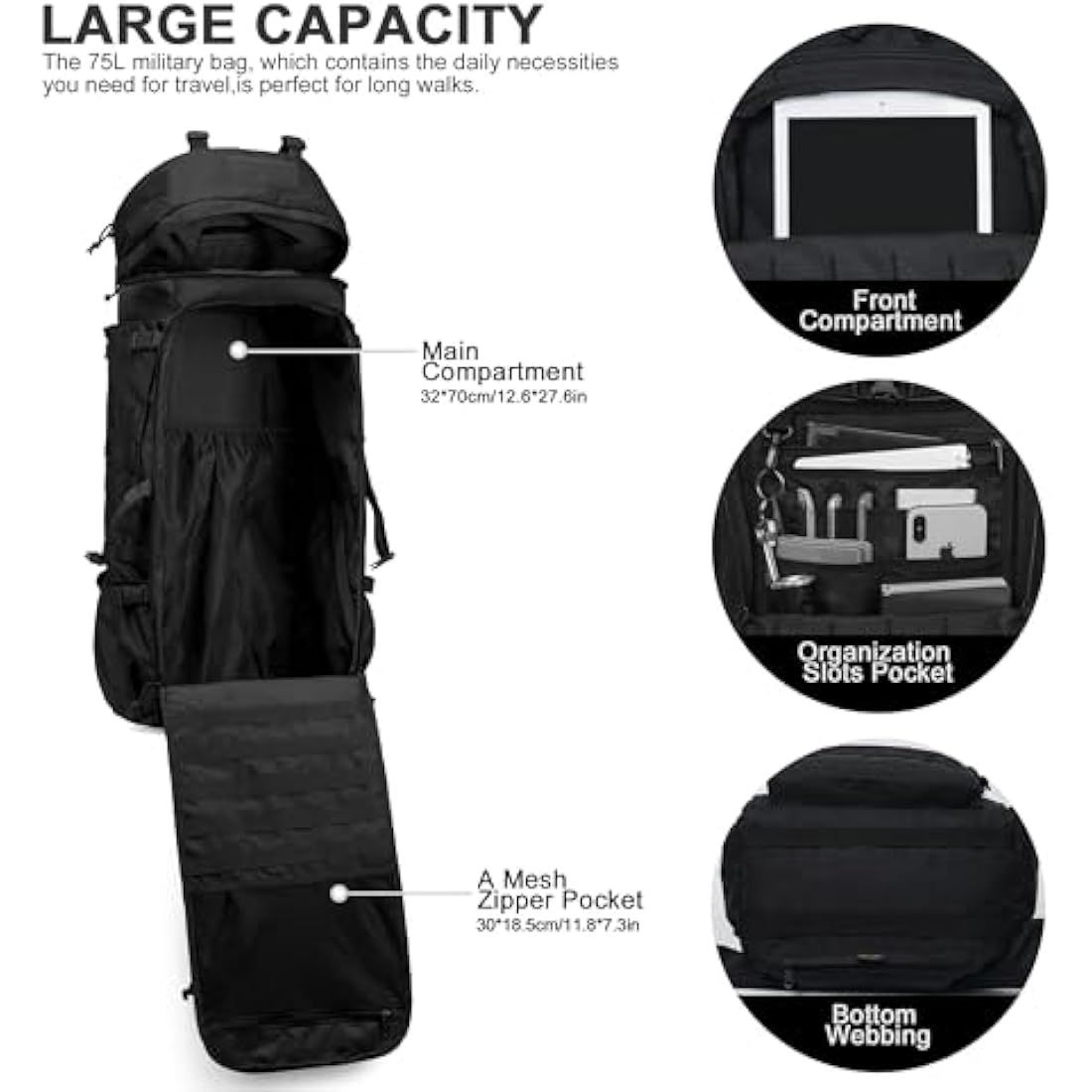 Mardingtop 75L Tactical Backpack Large Camping Backpack Military Rucksack with Rain Cover Molle System Army Backpack for Outdoor Trekking,Mountaineering,Hiking