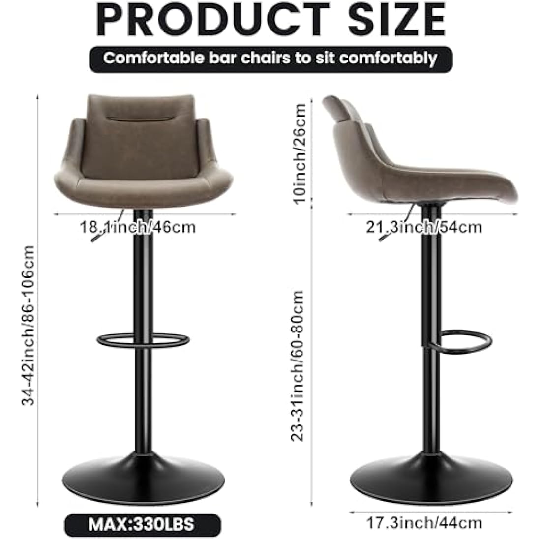 LXRADEO Bar Stools Set of 2 - PU Leather Height Adjustable With Backrest, Modern Swivel Kitchen Stools for Dining Room & Counter, Ergonomic Rotating Chairs With Wide Stable Base, Brown