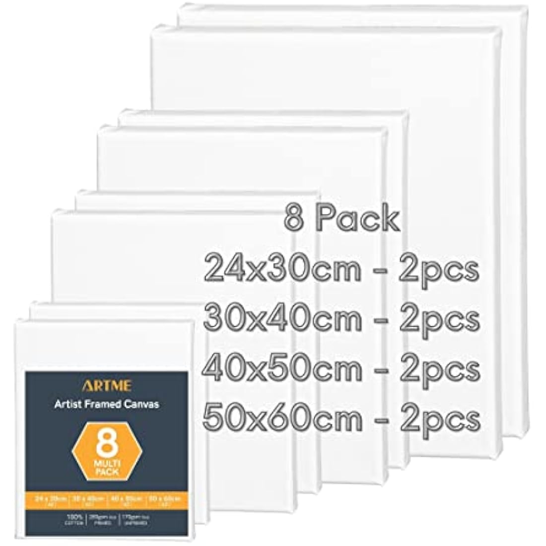 Artme Pre-Stretched Canvas 8pcs –24x30, 30x40, 40x50, 50x60 Assorted Artist Framed Canvas/ 280GSM/100% Cotton/Blank/Triple Primed/Acid Free/Medium Grain/ 1.7cm - Acrylic/Oil