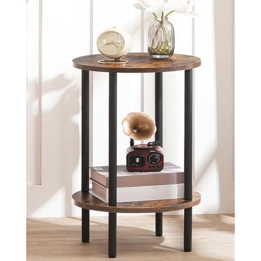 CHOEZON Round Side Table, 2-Tier End Table, Small Round Nightstand with Sturdy Metal Tube, Industrial Coffee Table, for Living Room, Bedroom, Rustic Brown and Black DTBZ01BF