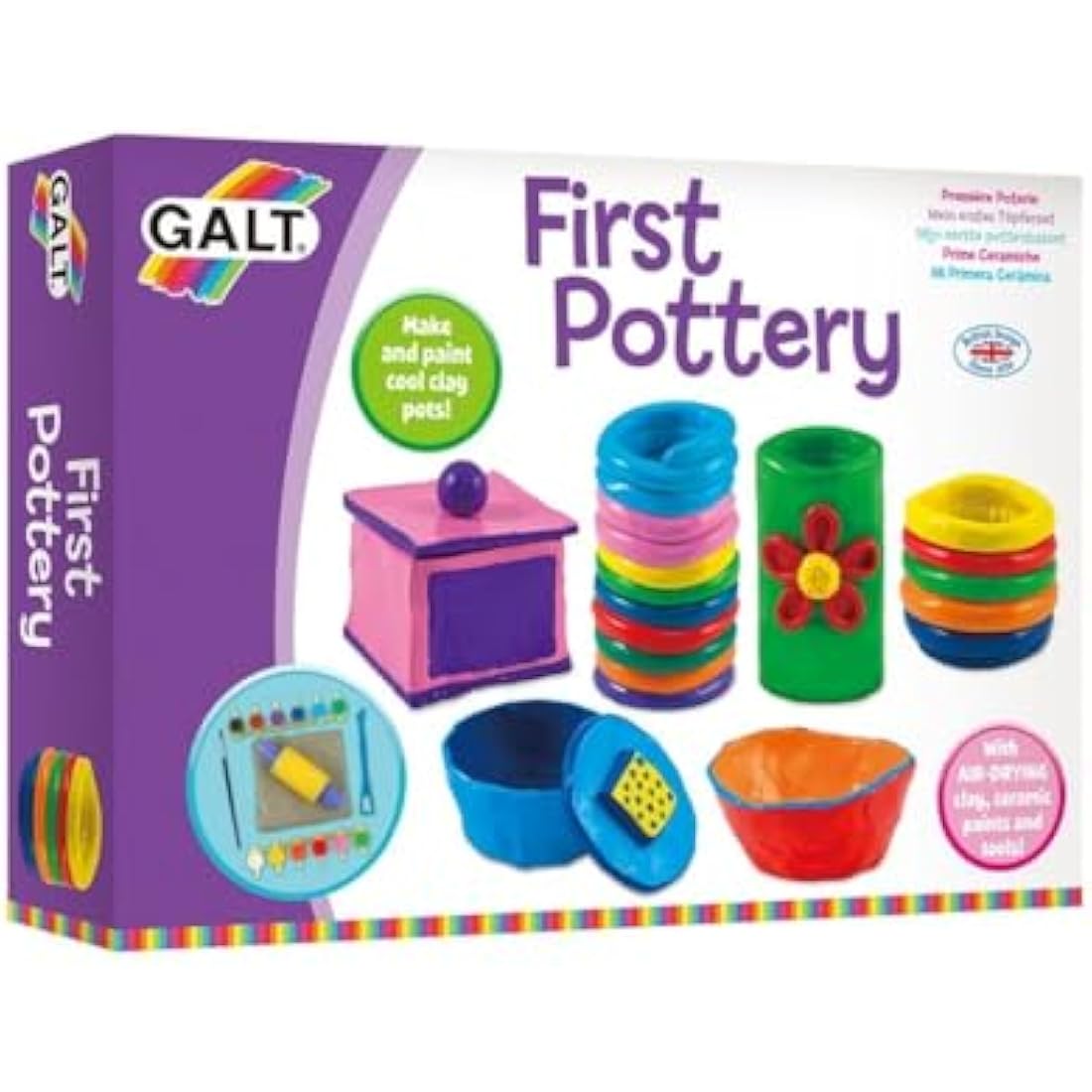 Galt First Pottery - Fun Arts and Crafts Kit for Kids - Childrens Air Dry Clay Painting and Pottery Set for Girls and Boys with Ceramic Paints,Mini Rolling Pin,Paintbrush and Guide - Ages 6 Years Plus